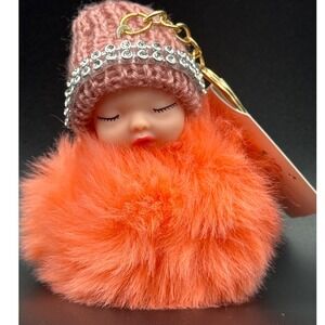 Sisi NY Collection Baby Doll Pom Pom Keychain‎ Pink Beanie Rhinestone Accent